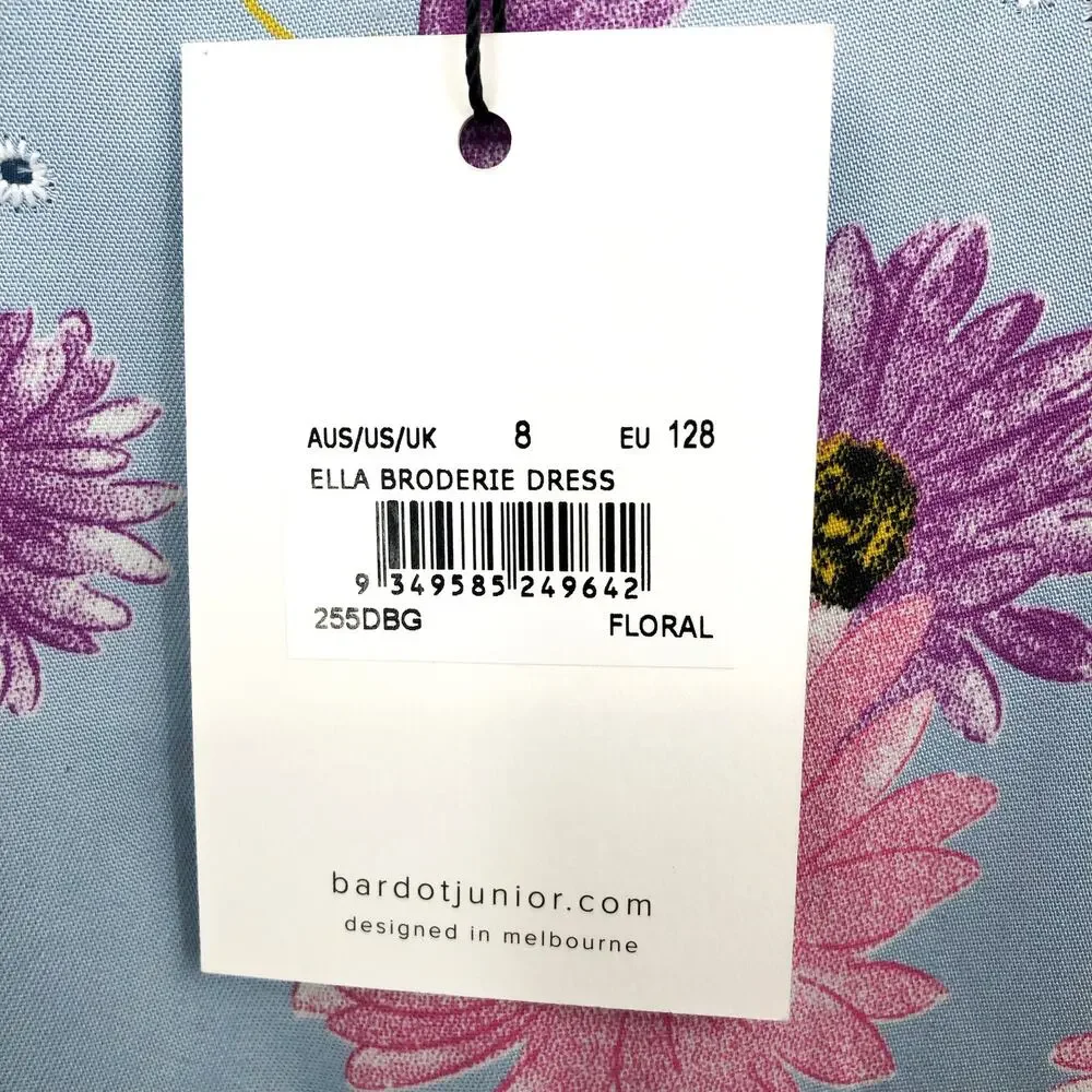 BARDOT Girls Ella Broderie Dress Size 8 Blue Floral Size Long Sleeve NWT